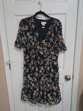 Floral Wrap-Style Mini Dress in Black with Peach & Sage Blooms